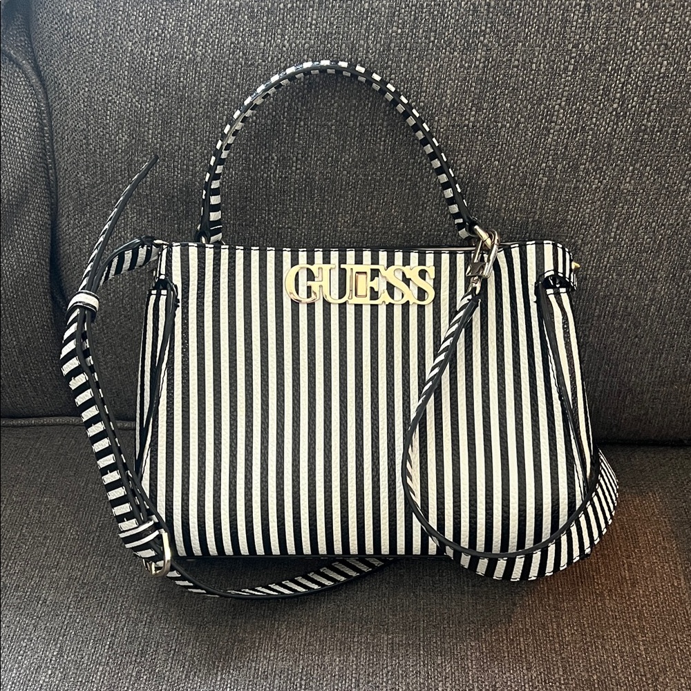 GUESS Black & White Striped purse with Gold Logo
